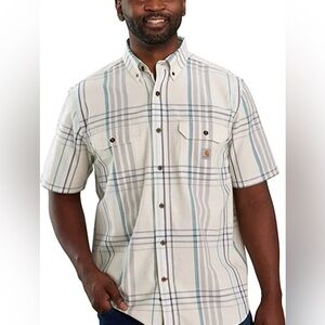 Carhartt Loose Fit Midweight Short Sleeve Beige & Blue Plaid Cotton Shirt XL